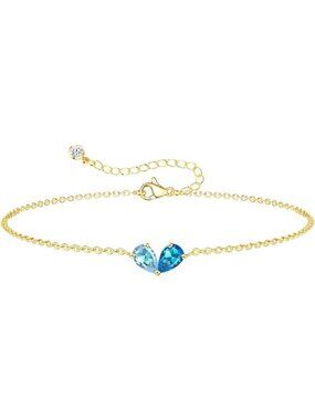 03-12 March&December Gold 2 Birthstone Heart Charm Bracelet 14K Plated CZ